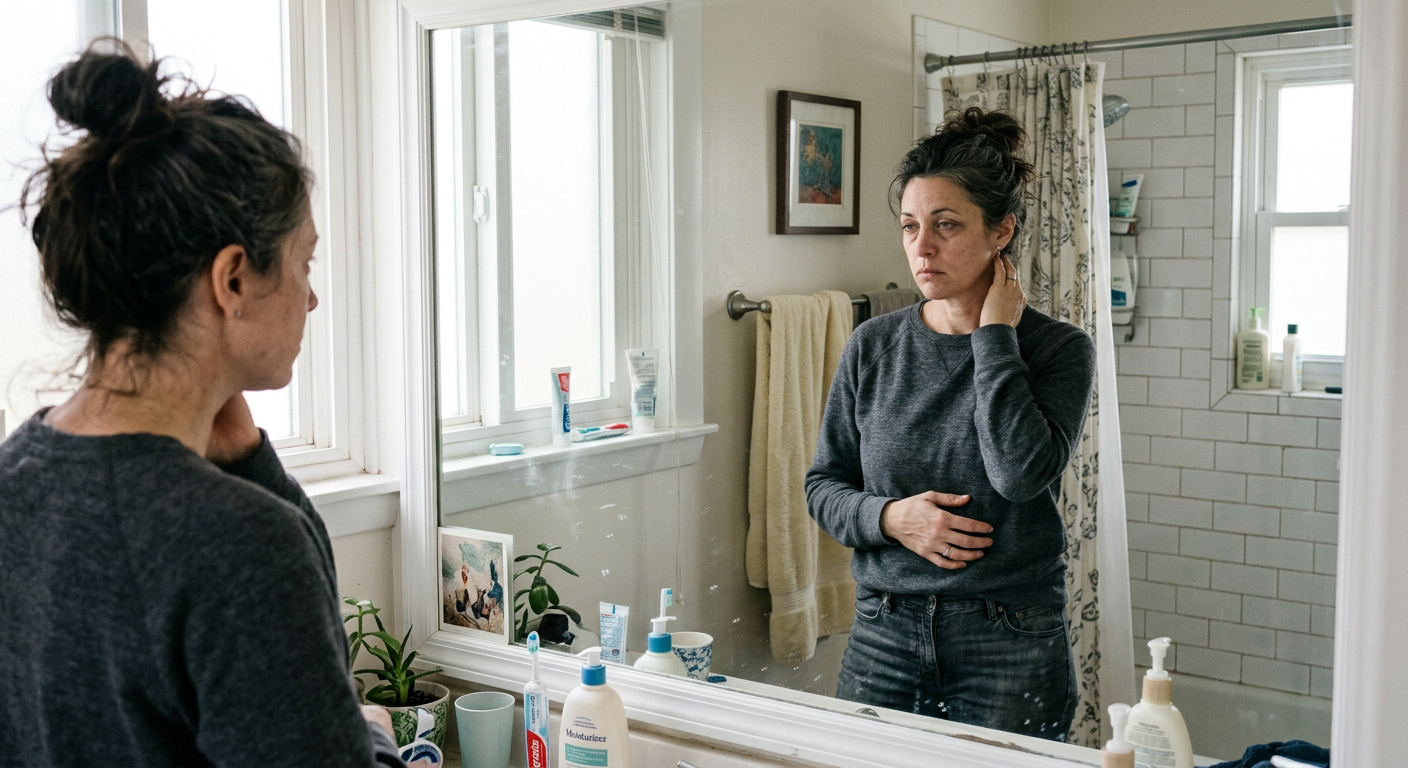 a woman looking at belly fat in mirror, tired expression, signs of insulin resistance without diabetes