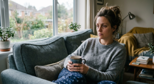 woman sitting on couch in the morning looking exhausted and foggy, holding coffee, signs of fatigue