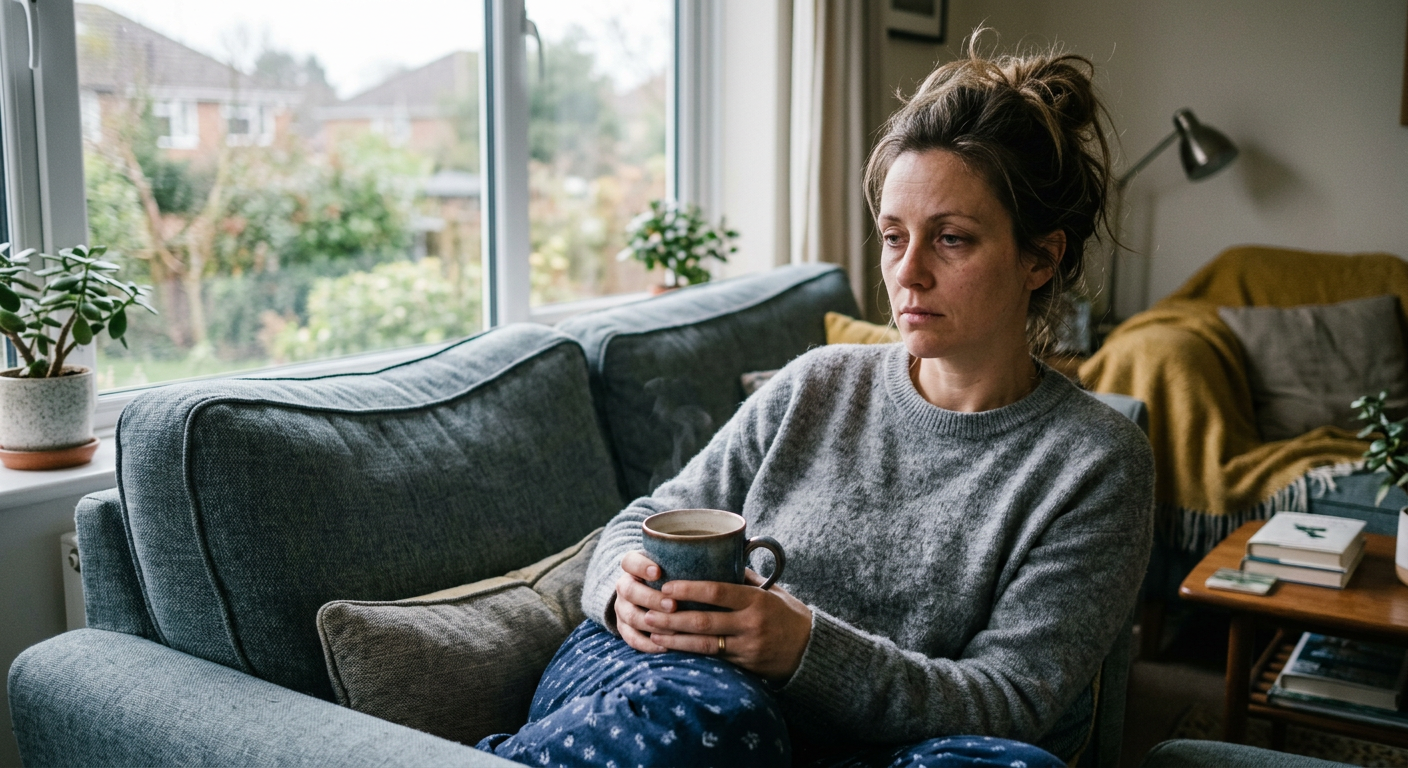 woman sitting on couch in the morning looking exhausted and foggy, holding coffee, signs of fatigue