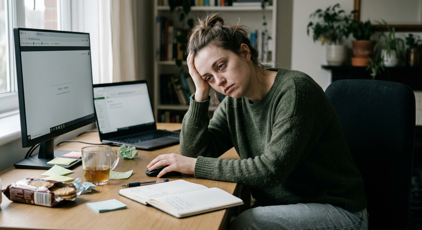 person sitting at desk head drooping, visibly unmotivated and mentally flat, signs of low dopamine
