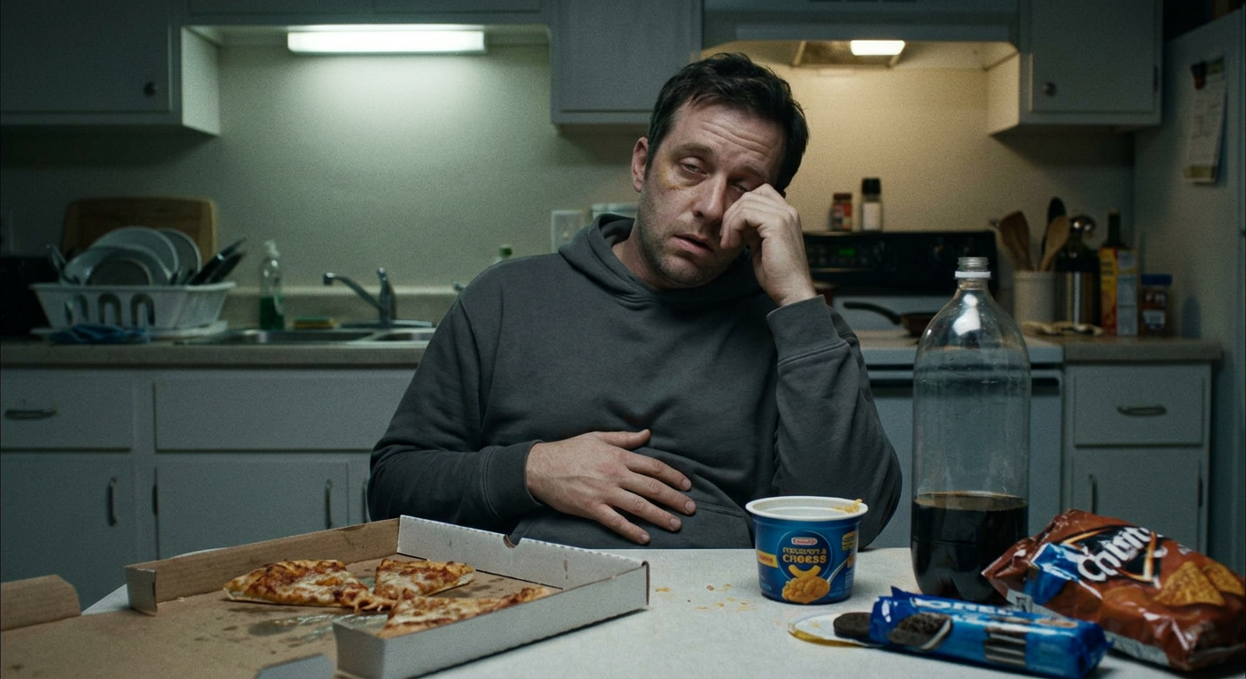 person looking tired and bloated sitting at table after a low-fiber processed meal