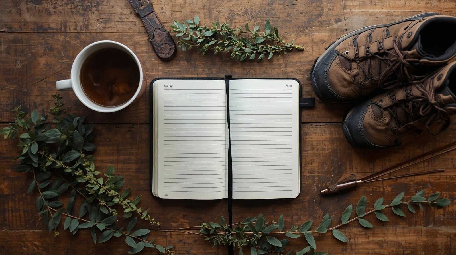 flat lay of journal herbal tea walking shoes and dark greens on kitchen counter, warm natural tones