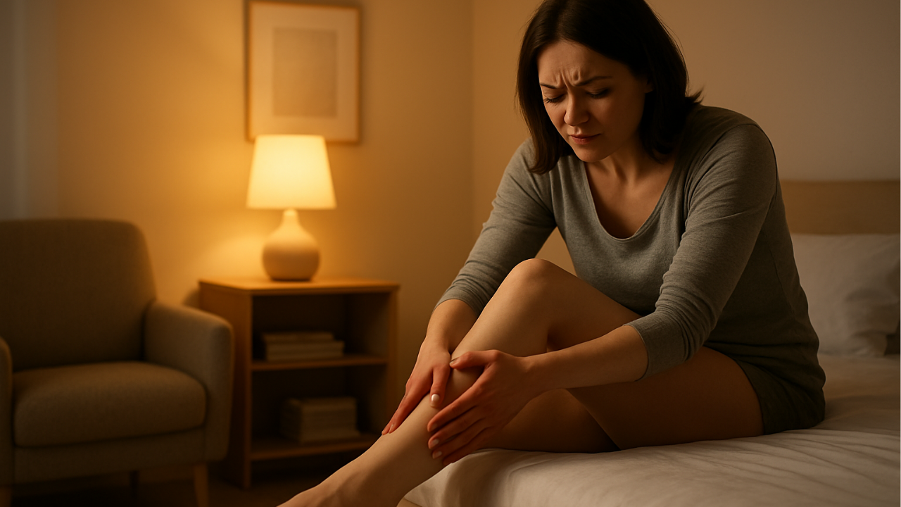 person experiencing visible muscle cramp and leg pain at night, holding calf in discomfort, classic magnesium deficiency symptom