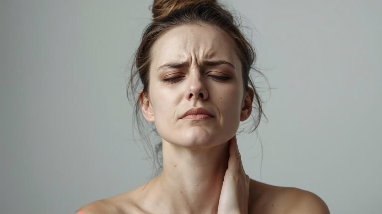 person looking exhausted and tense rubbing their neck showing magnesium deficiency symptoms of muscle tightness and fatigue