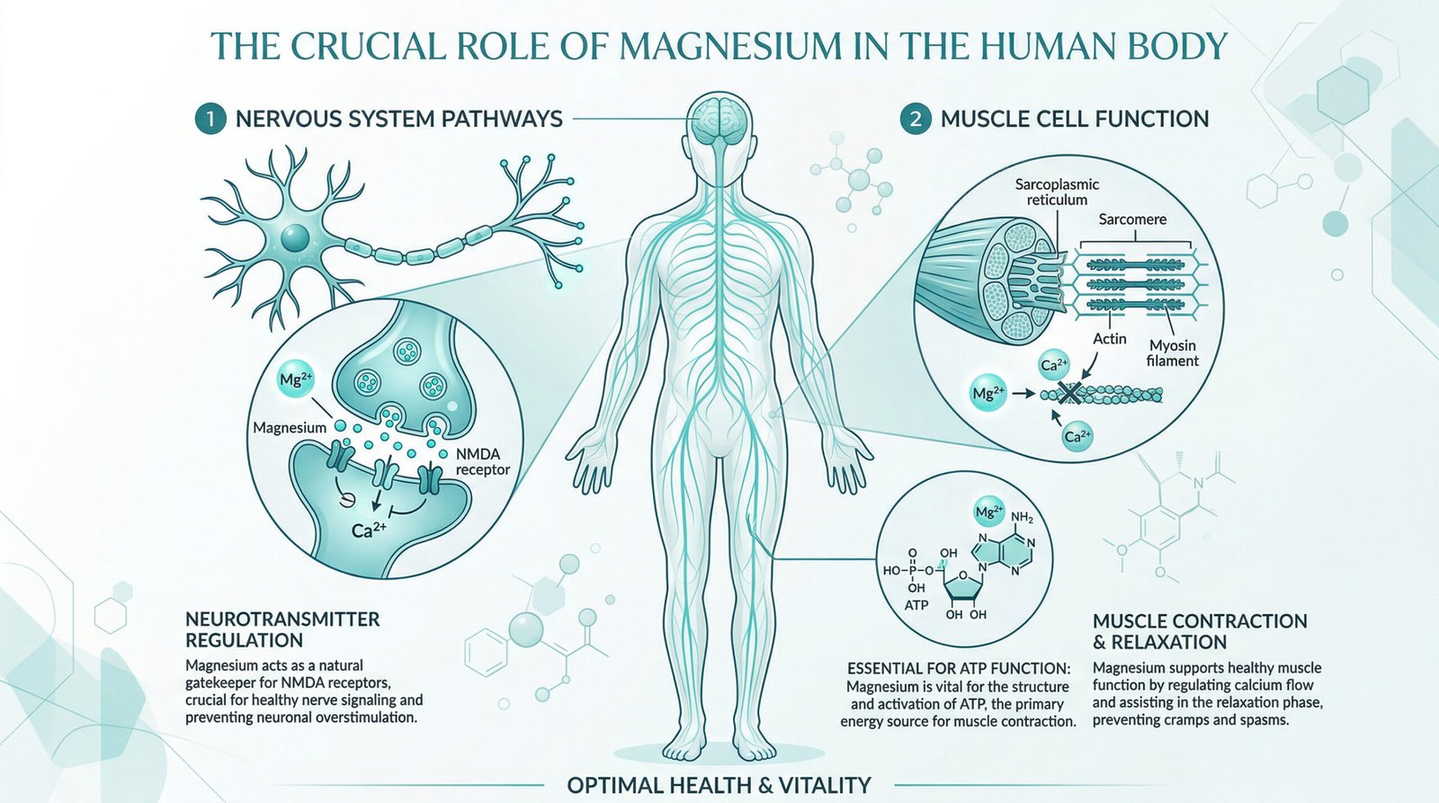 illustration of human body showing magnesium role in nervous system pathways and muscle cells, teal minimal health diagram