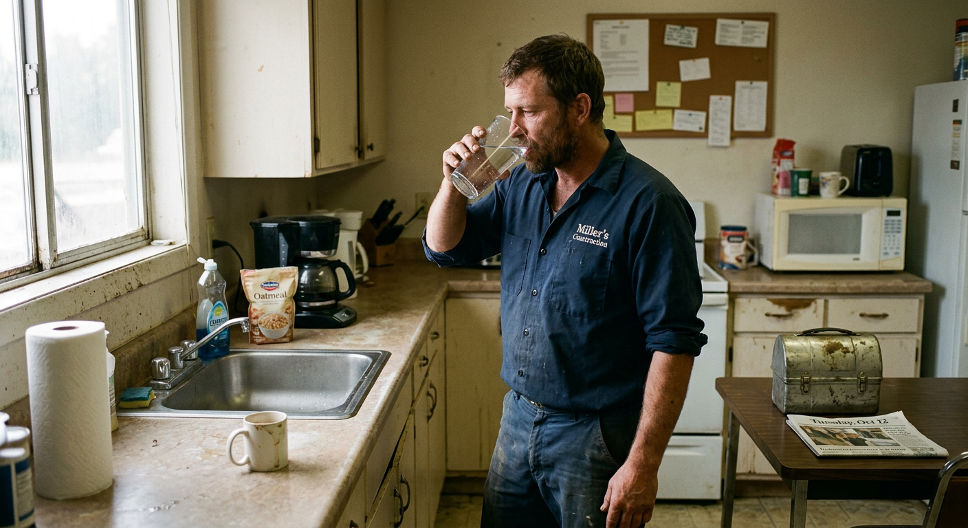 man drinking water before starting a physically demanding work shift, honest unglamorous setting