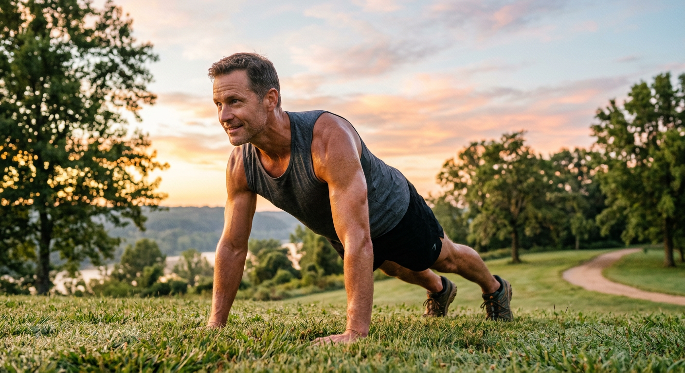 energized man in morning light doing bodyweight exercise outdoors, showing positive lifestyle change