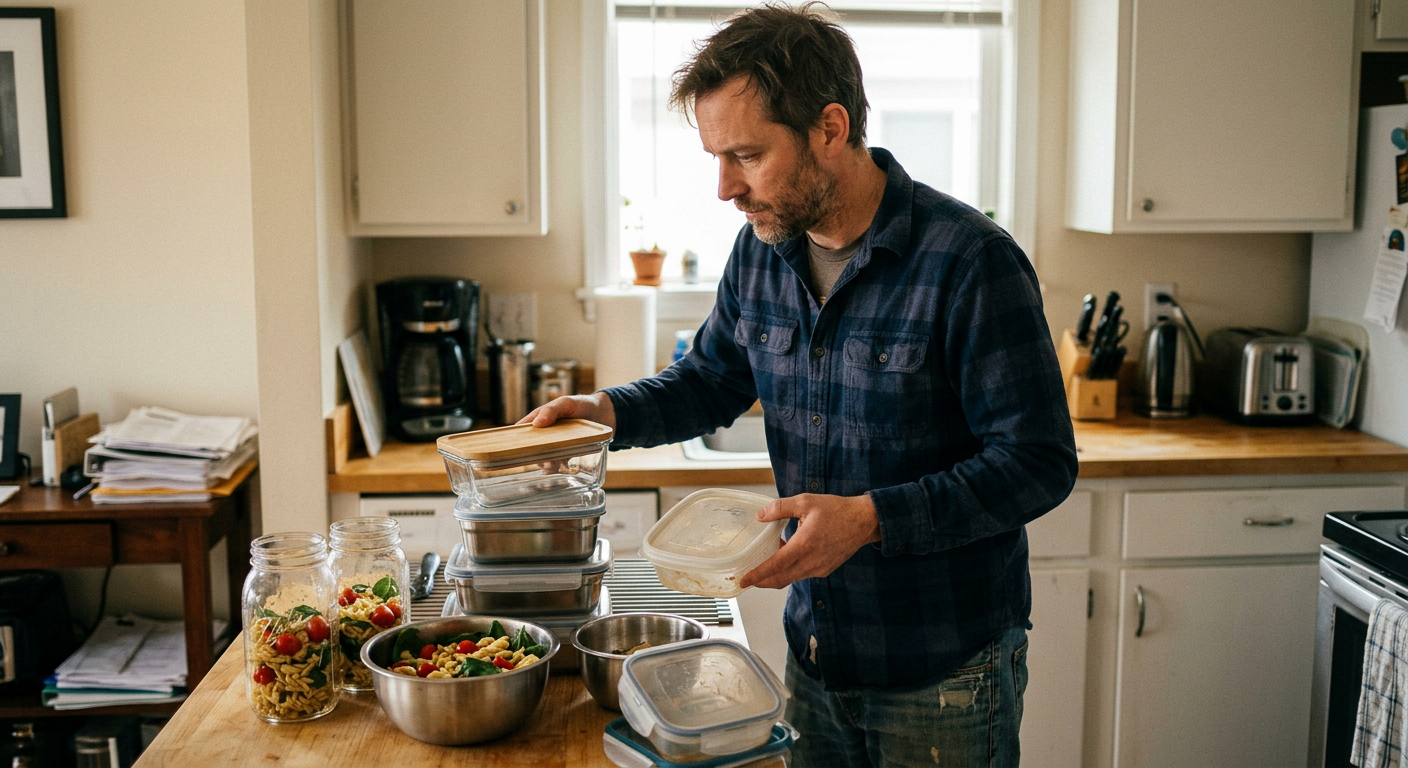 man in kitchen replacing plastic water bottles with glass alternatives, aware and taking action