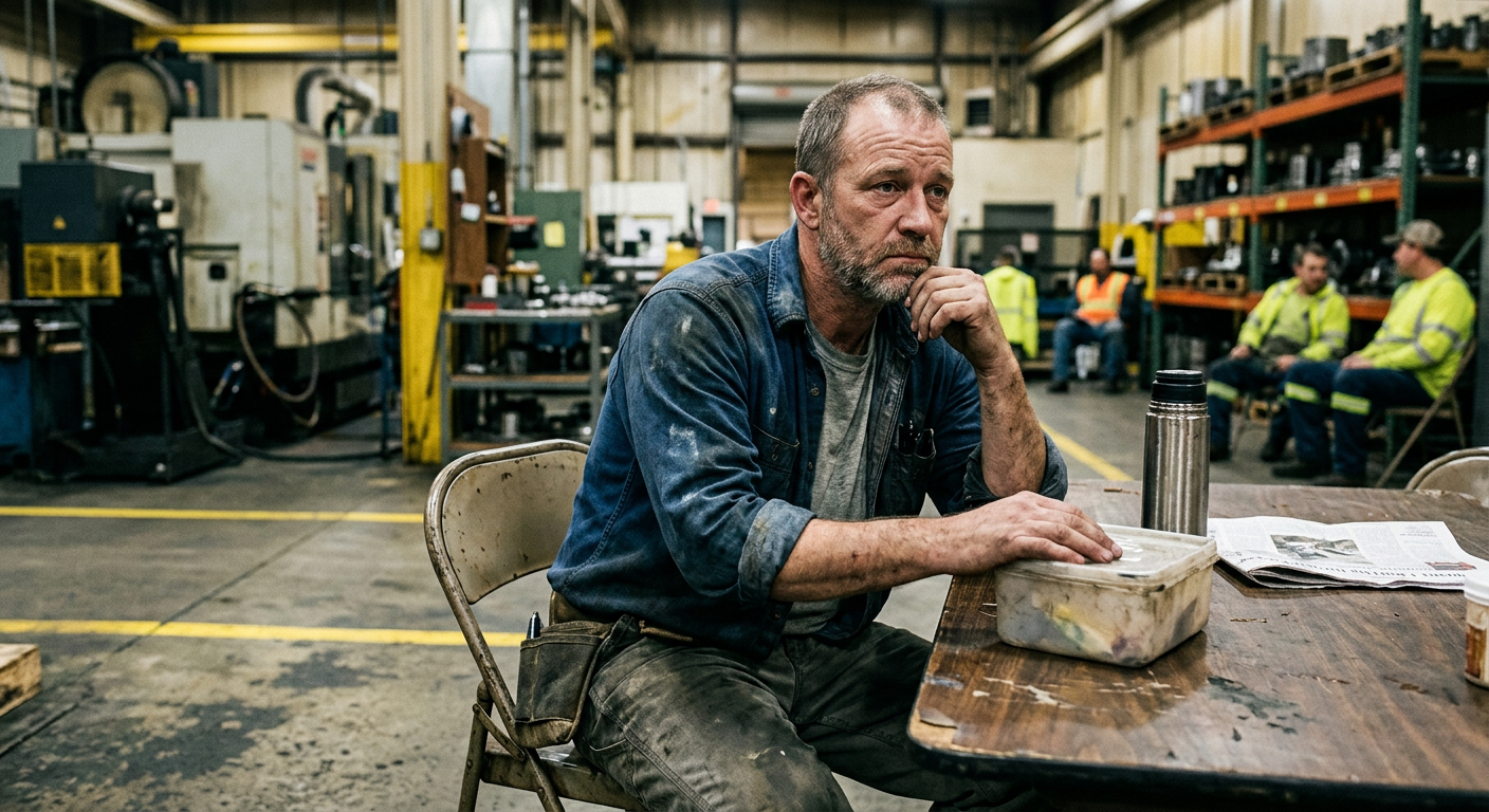 tired man during work break looking mentally exhausted, honest unglamorous warehouse setting