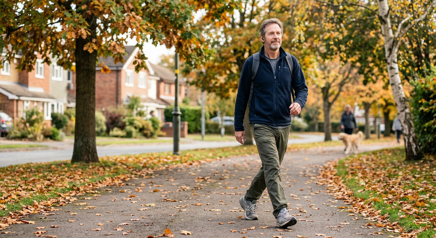 man walking at a brisk pace outdoors in daylight looking calm and mentally clear, honest everyday scene