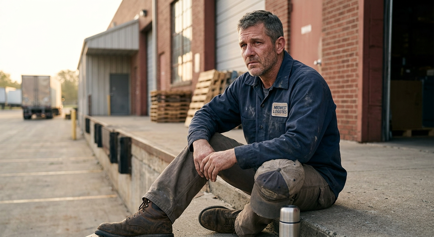 warehouse worker looking tired but determined, taking a short outdoor break in daylight