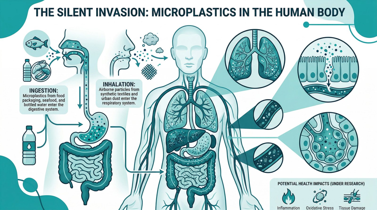 diagram showing microplastics entering the body through ingestion and inhalation and accumulating in organs, teal white infographic