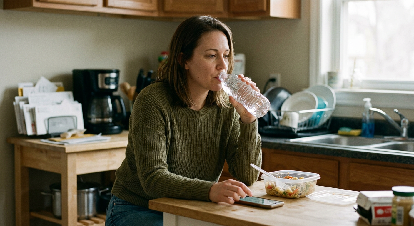a woman drinking from a plastic water bottle unaware of microplastic contamination, everyday relatable scene