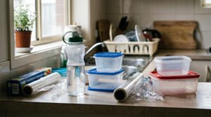 plastic water bottles and food containers on a kitchen counter showing everyday microplastic exposure sources