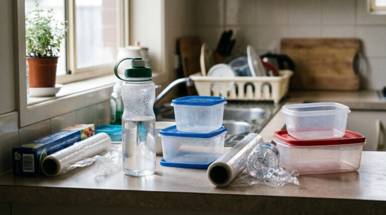 plastic water bottles and food containers on a kitchen counter showing everyday microplastic exposure sources