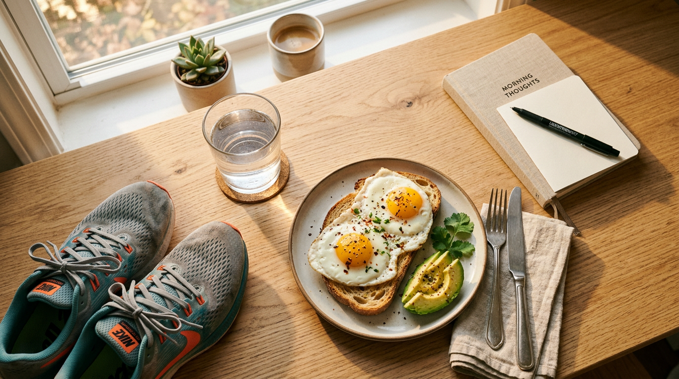 morning lifestyle flat lay with sunlight through window, glass of water, running shoes and simple breakfast showing habits to reset circadian rhythm