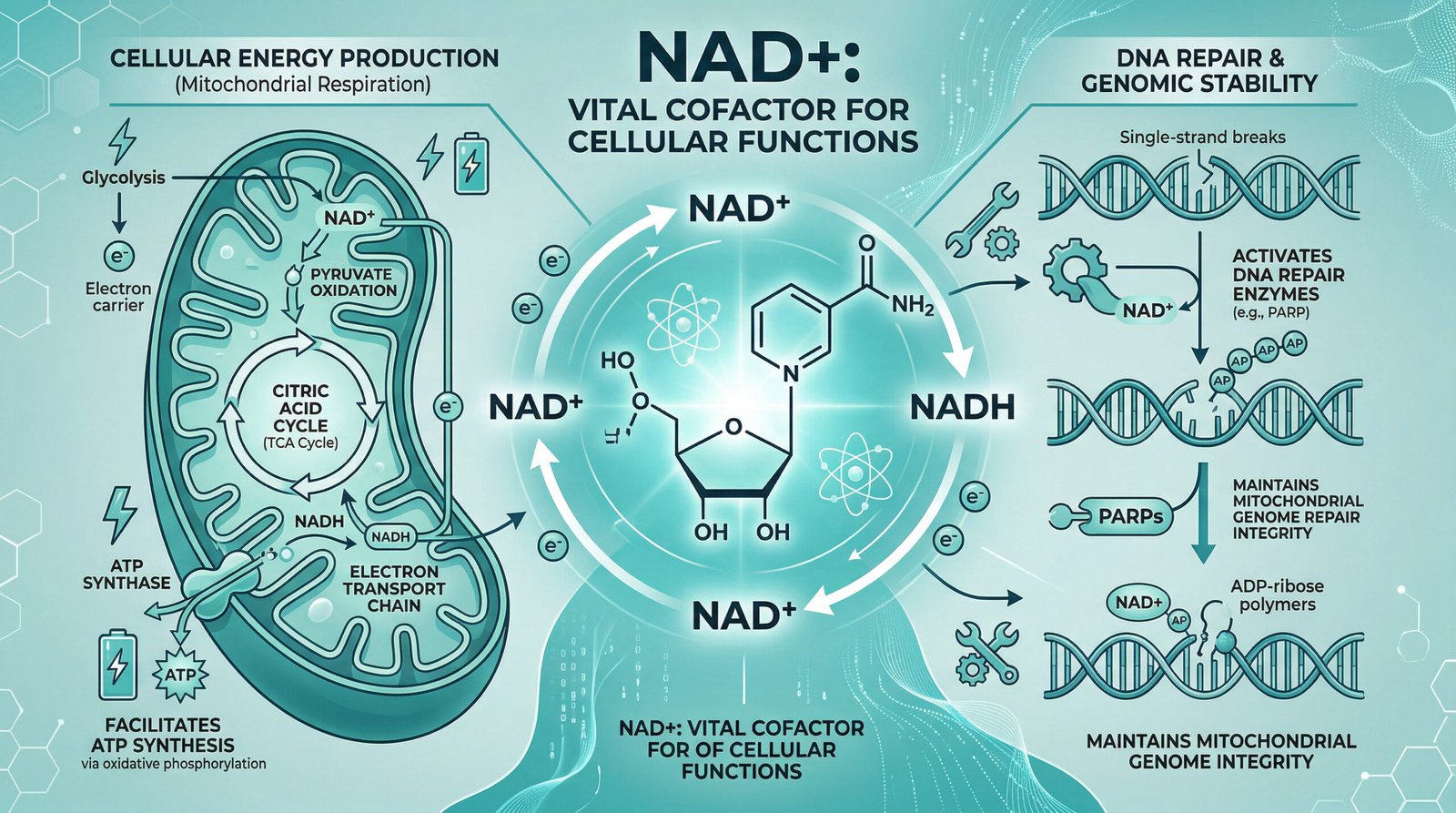 NAD+ molecule cell energy mitochondria DNA repair diagram teal white modern science infographic