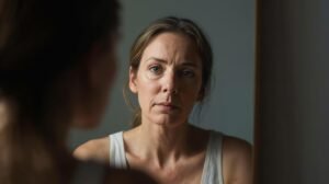 person looking in mirror noticing aging tired face early morning honest authentic