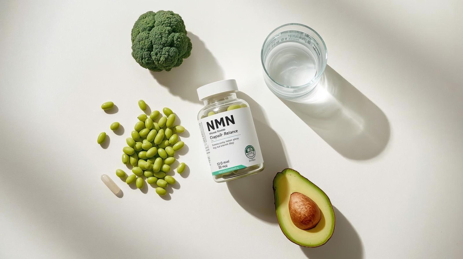 NMN supplement capsules edamame broccoli avocado glass water NAD precursor foods flat lay morning light