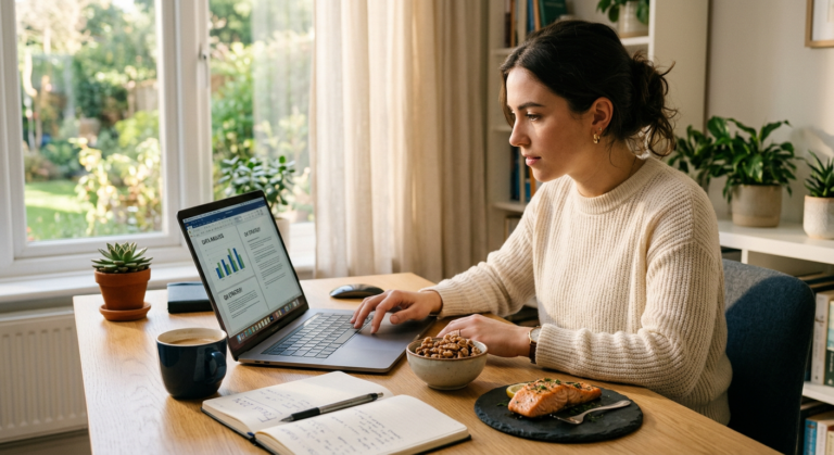 a woman looking focused and clear-headed at a desk with fish and walnuts nearby in natural light