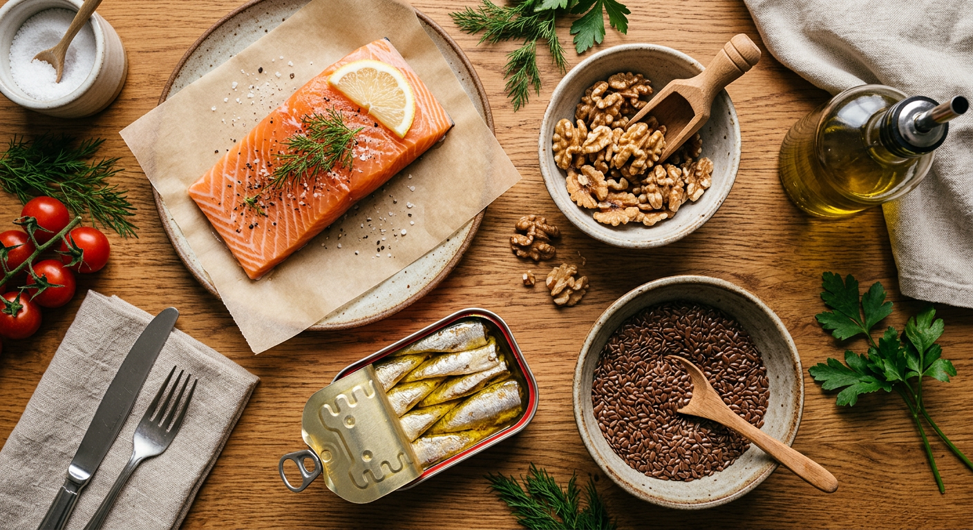 flat lay of omega-3 rich foods including salmon, walnuts, sardines and flaxseeds on clean surface