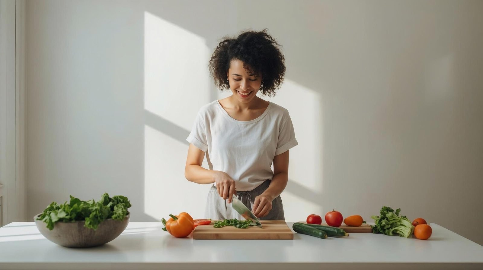 calm energized person chopping vegetables in bright kitchen morning light, healthy lifestyle after reducing chronic stress