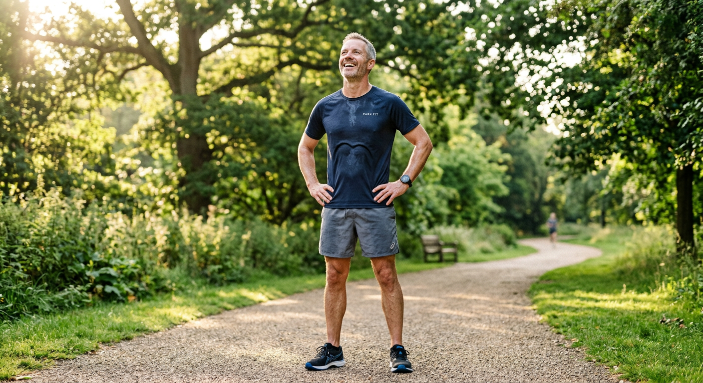 person in their 40s finishing outdoor bodyweight workout, looking strong and energized
