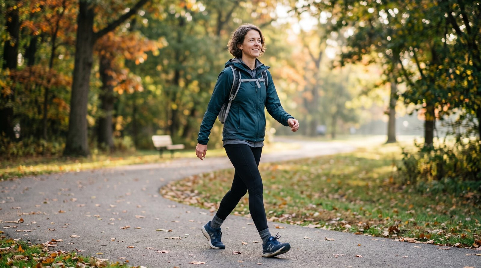 person in their 40s on an energetic morning walk outdoors, looking clear-headed and focused
