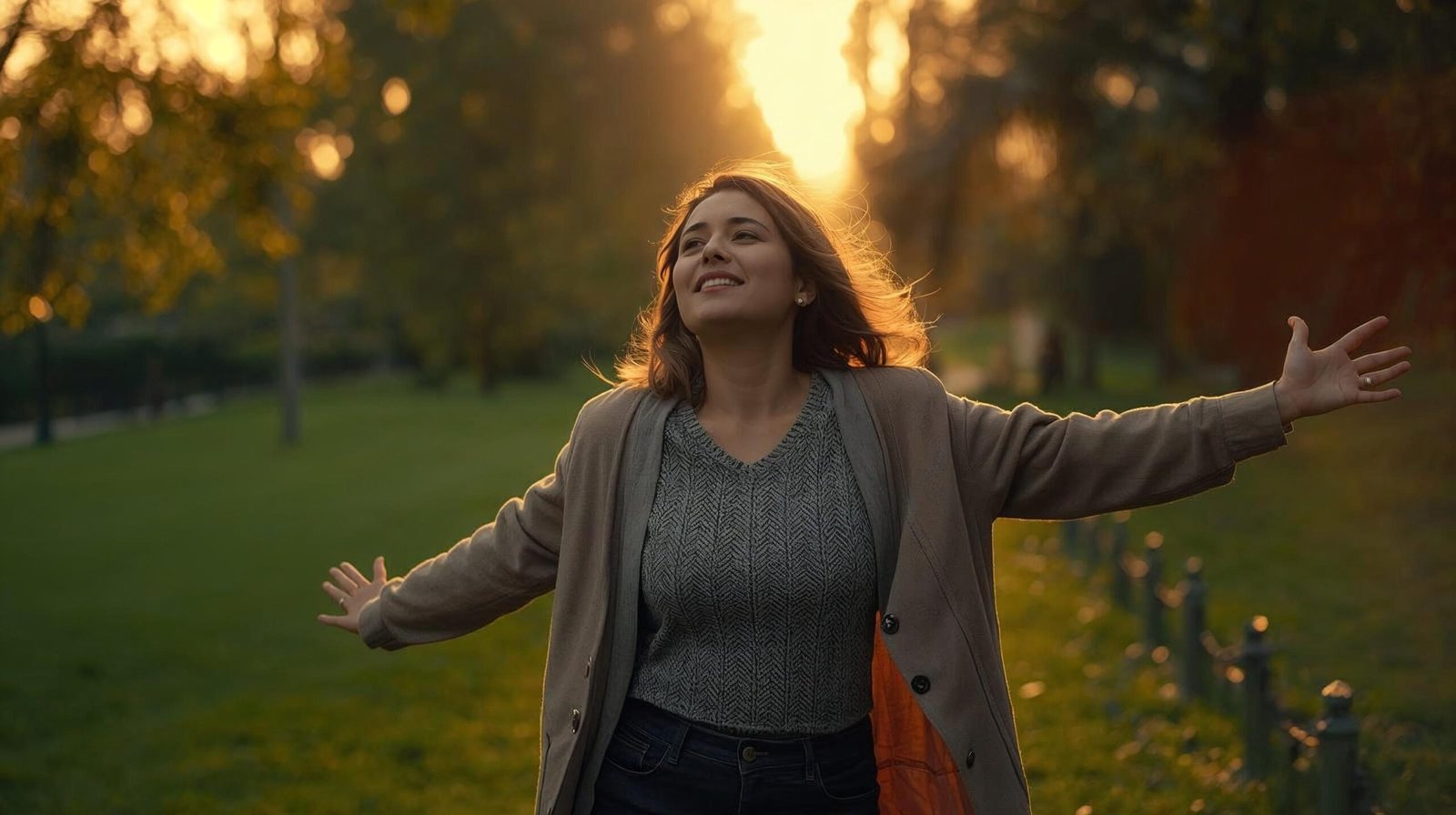 energized person walking in green park at golden hour, relaxed posture, calm refreshed look