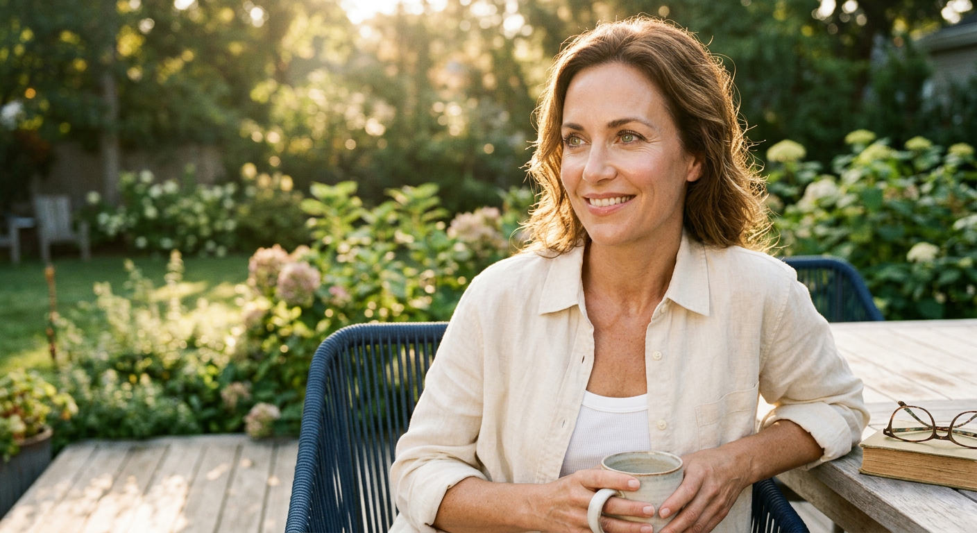 person in their 40s looking energized and youthful outdoors in morning light, signs of vitality