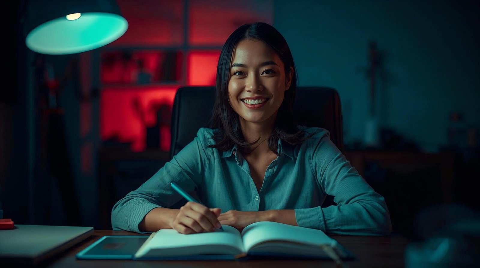 person sitting at desk smiling with clear focus and energy, notebook open, calm productive morning