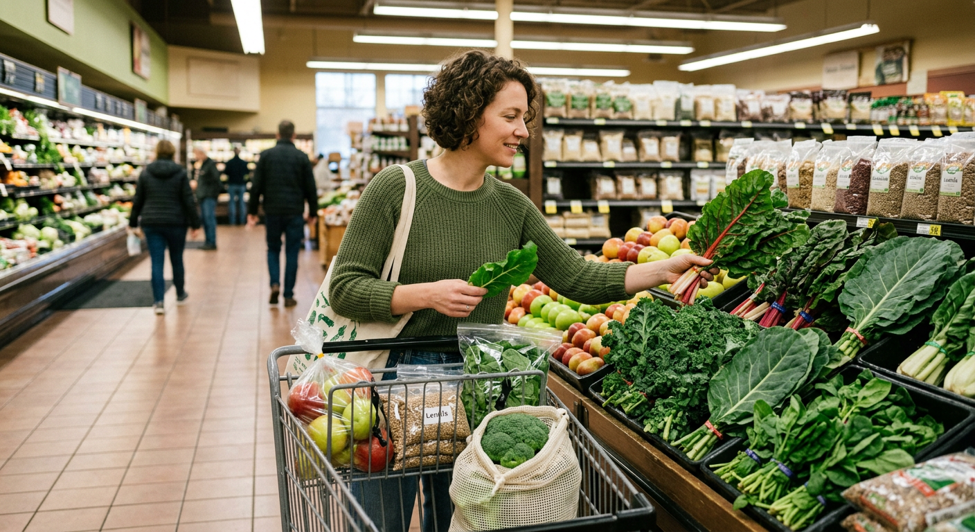 person in grocery store selecting high-fiber whole foods — leafy greens, lentils, apples