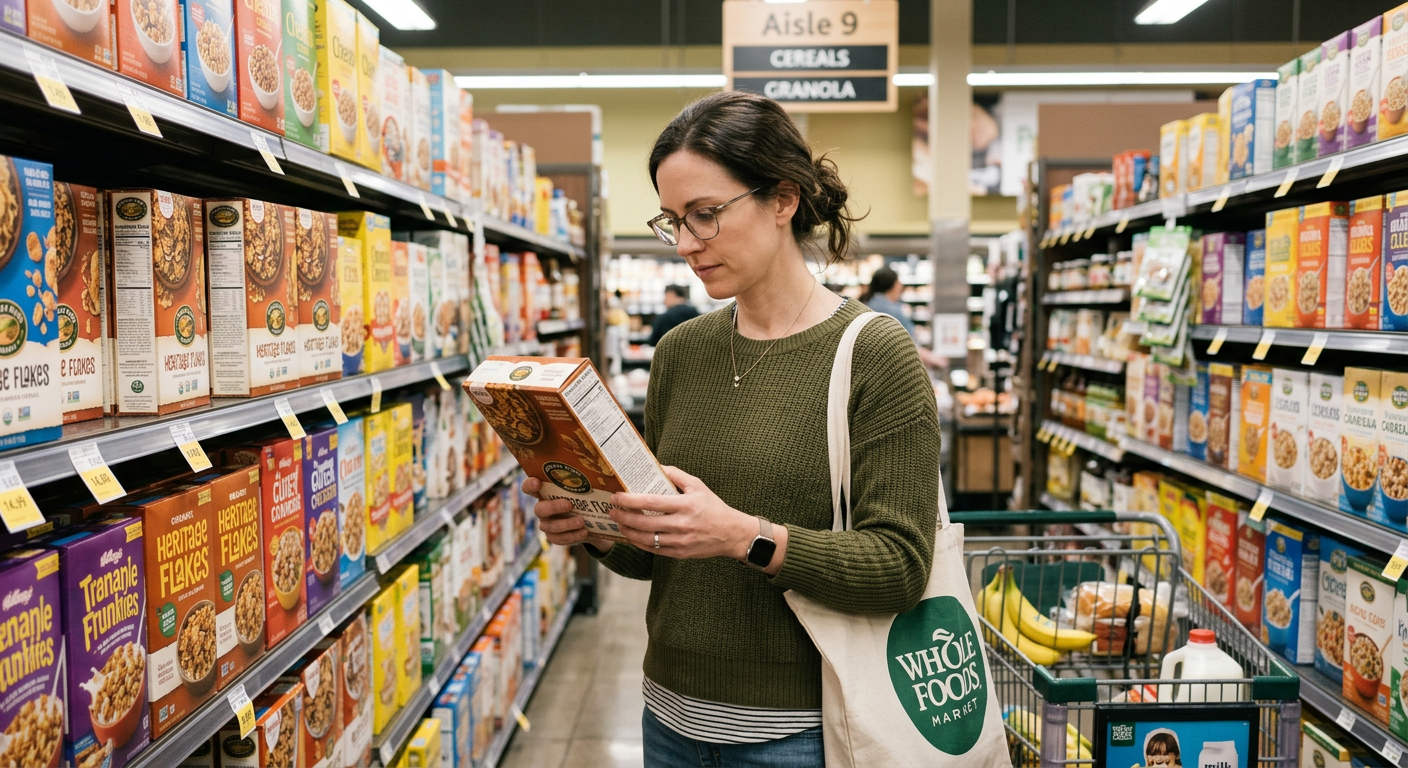 person in supermarket aisle reading ingredient list on packaged food with a focused expression