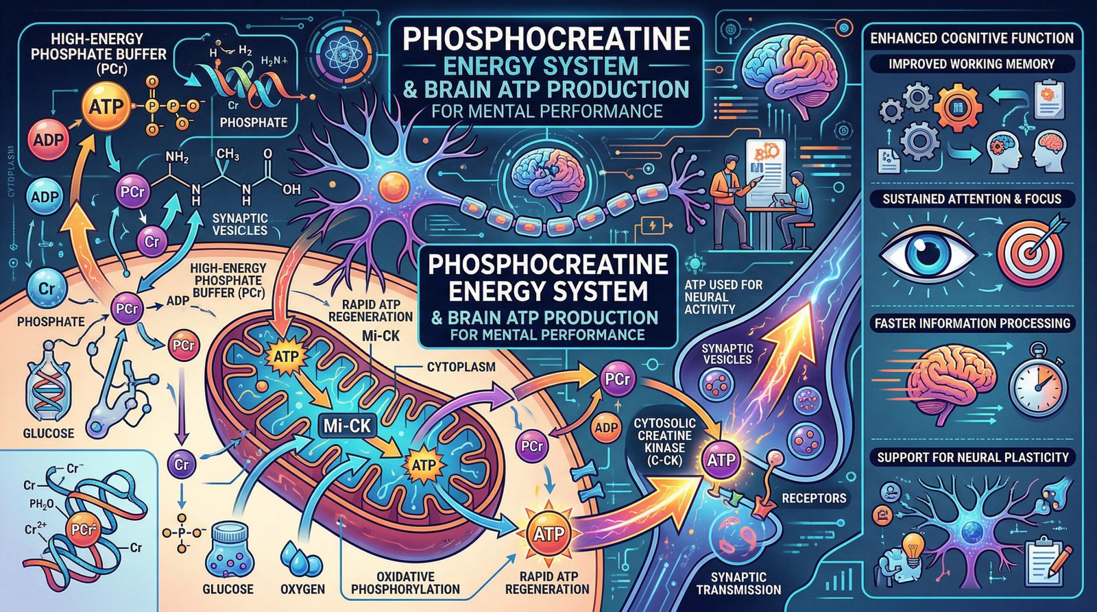 diagram showing phosphocreatine energy system and brain ATP production for mental performance