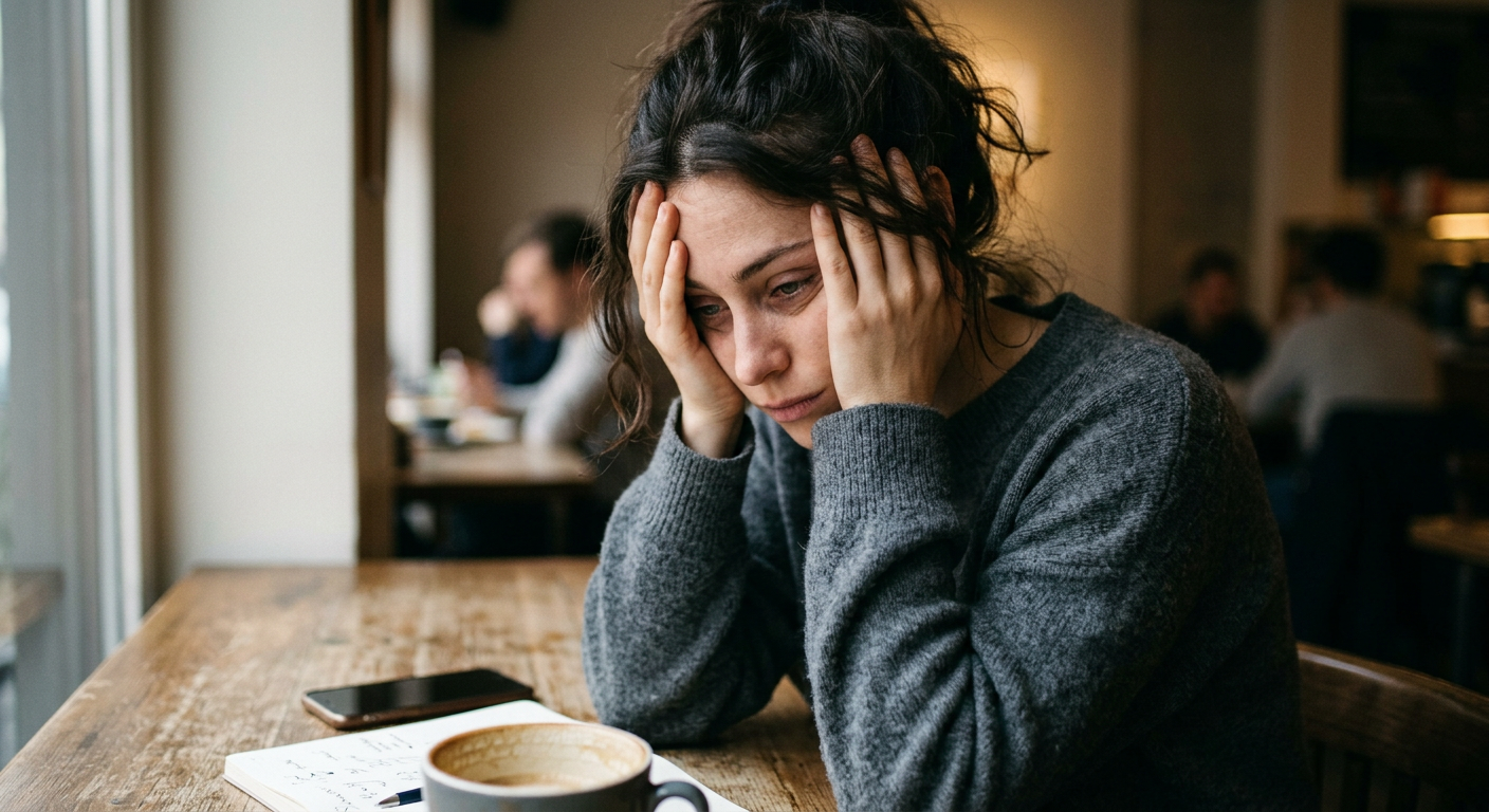 a woman staring blankly at screen in morning, hands on face, showing cognitive fatigue and brain fog from poor sleep