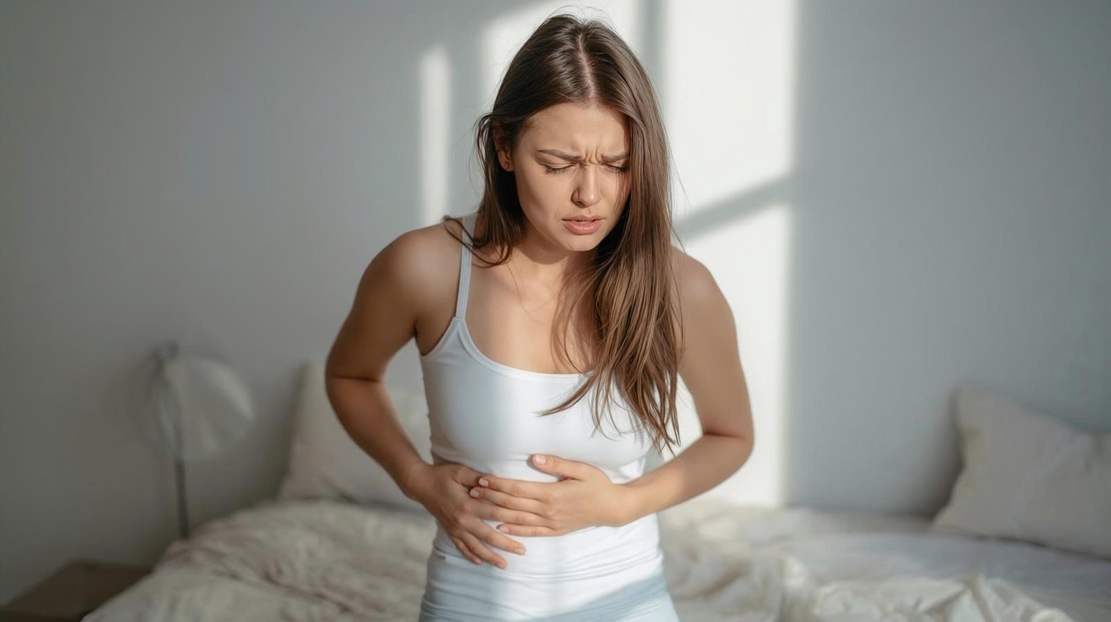 person waking up groggy irritable holding stomach morning anxiety relatable indoor