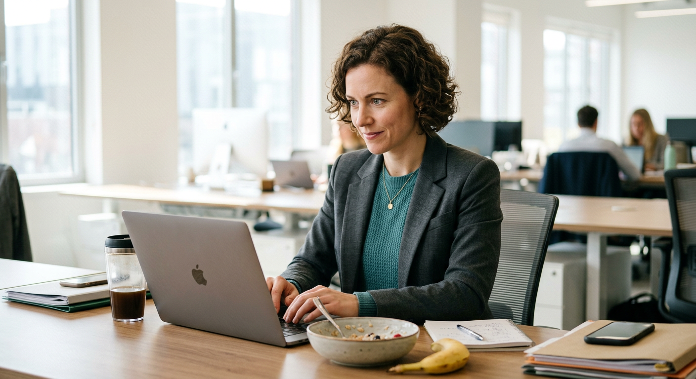 energized person sitting at desk alert and focused after protein breakfast, motivated and mentally sharp