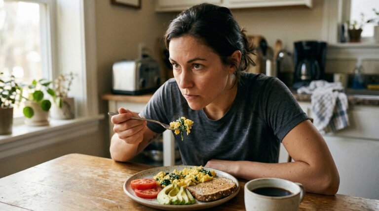 focused woman eating protein-rich breakfast with eggs, sharp alert expression, morning kitchen light
