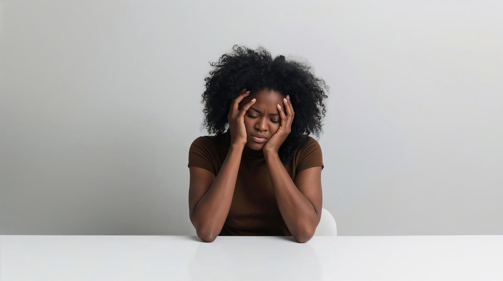 a woman struggling with brain fog and lack of focus at desk, signs of cognitive fatigue and mental exhaustion