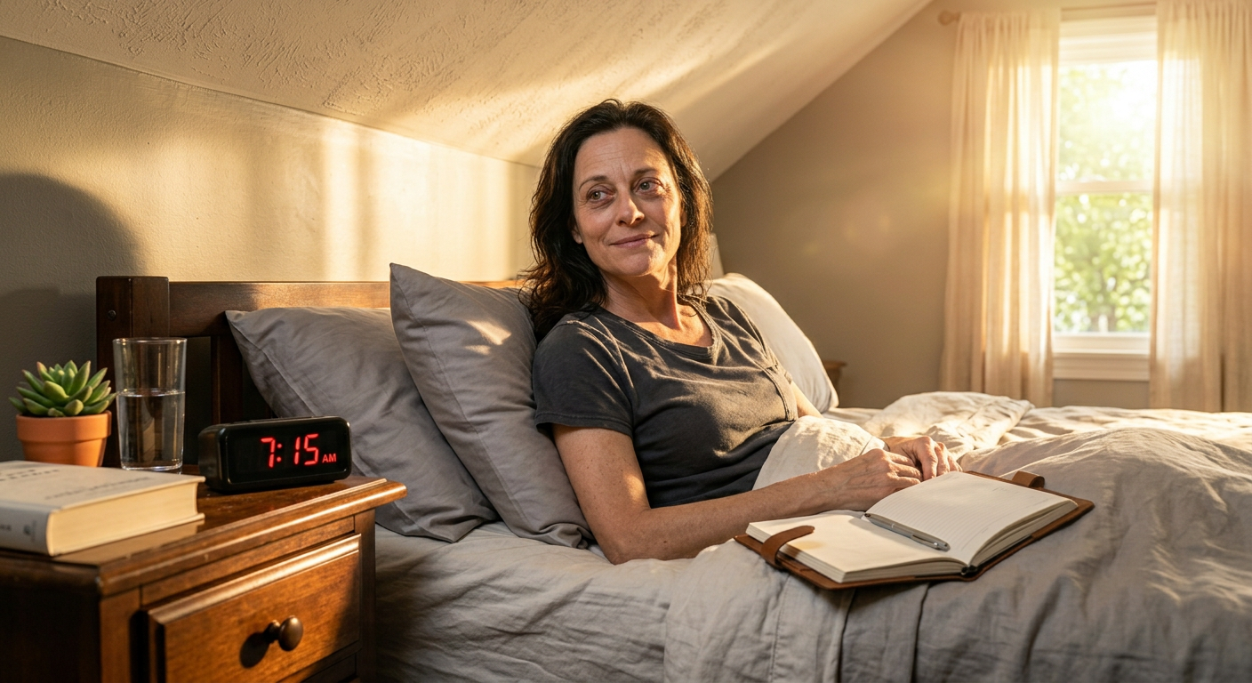 well-rested woman sitting up in bed with alert refreshed expression, morning sunlight, feeling mentally sharp