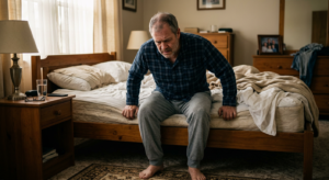 older man struggling to rise from bed, visibly fatigued, early morning light