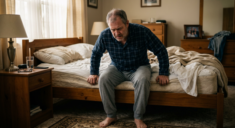 older man struggling to rise from bed, visibly fatigued, early morning light