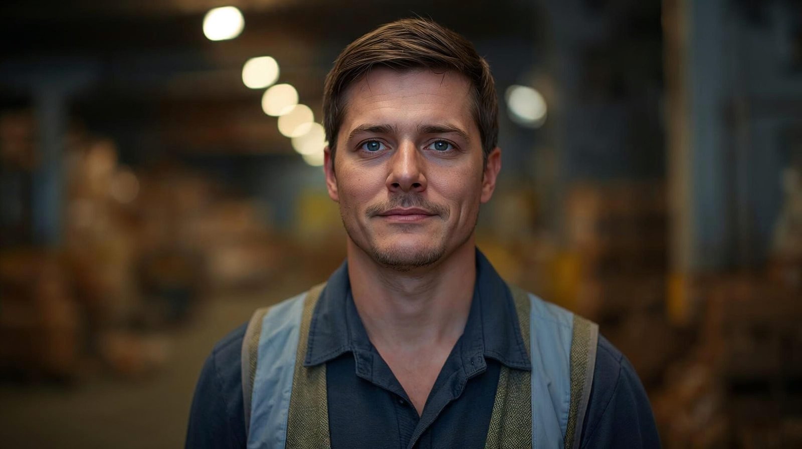 warehouse shift worker looking composed and energized at the start of their shift after fixing their morning routine