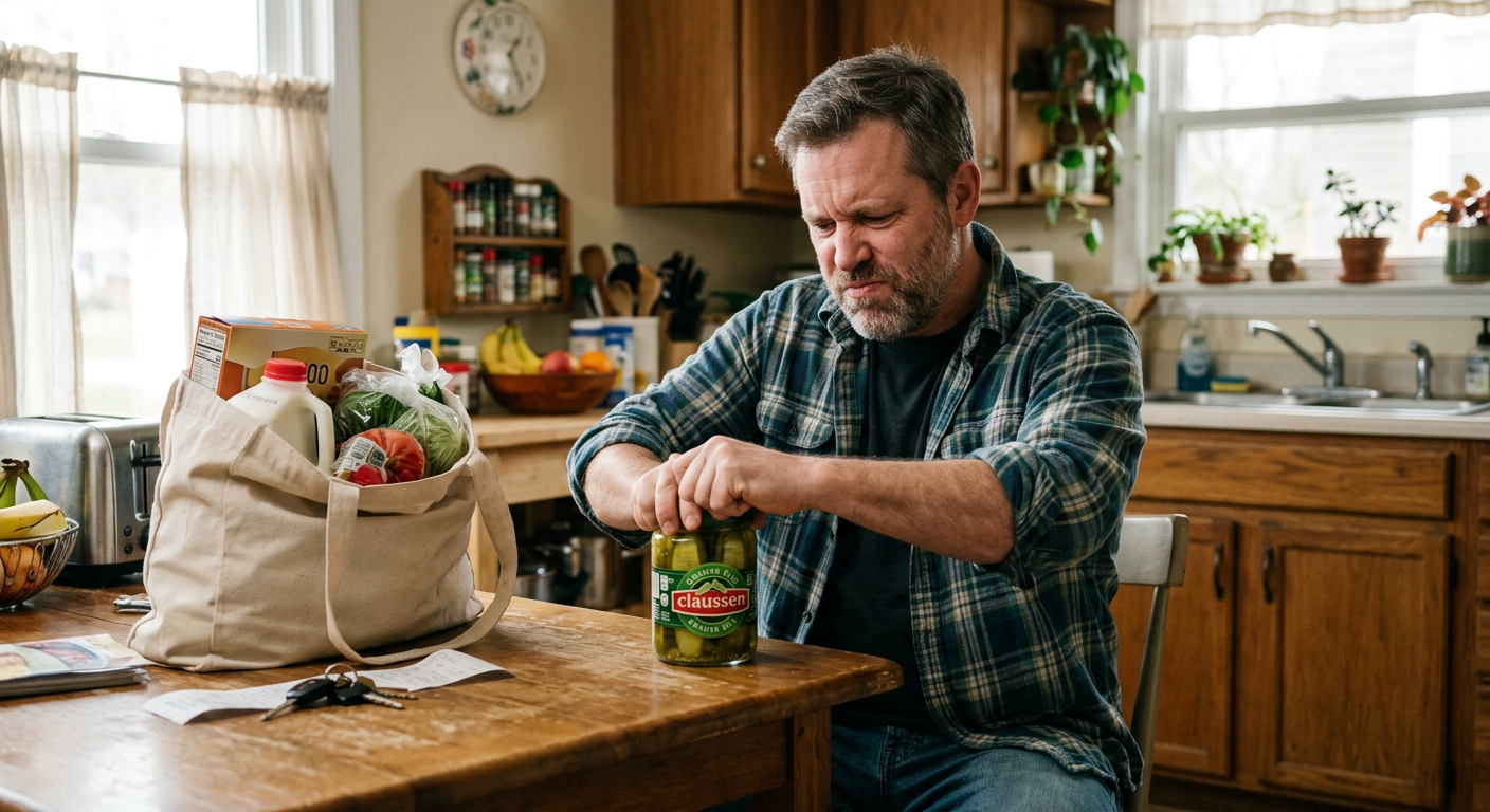 middle-aged person having difficulty carrying groceries, showing signs of muscle weakness