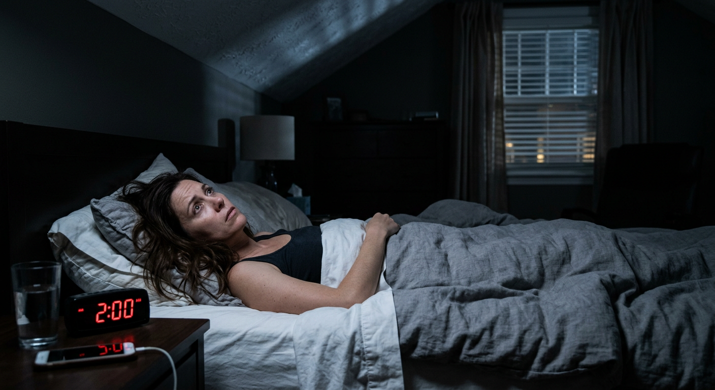 a woman lying awake in bed at night staring at ceiling, restless expression, dim bedroom, alarm clock showing 2am