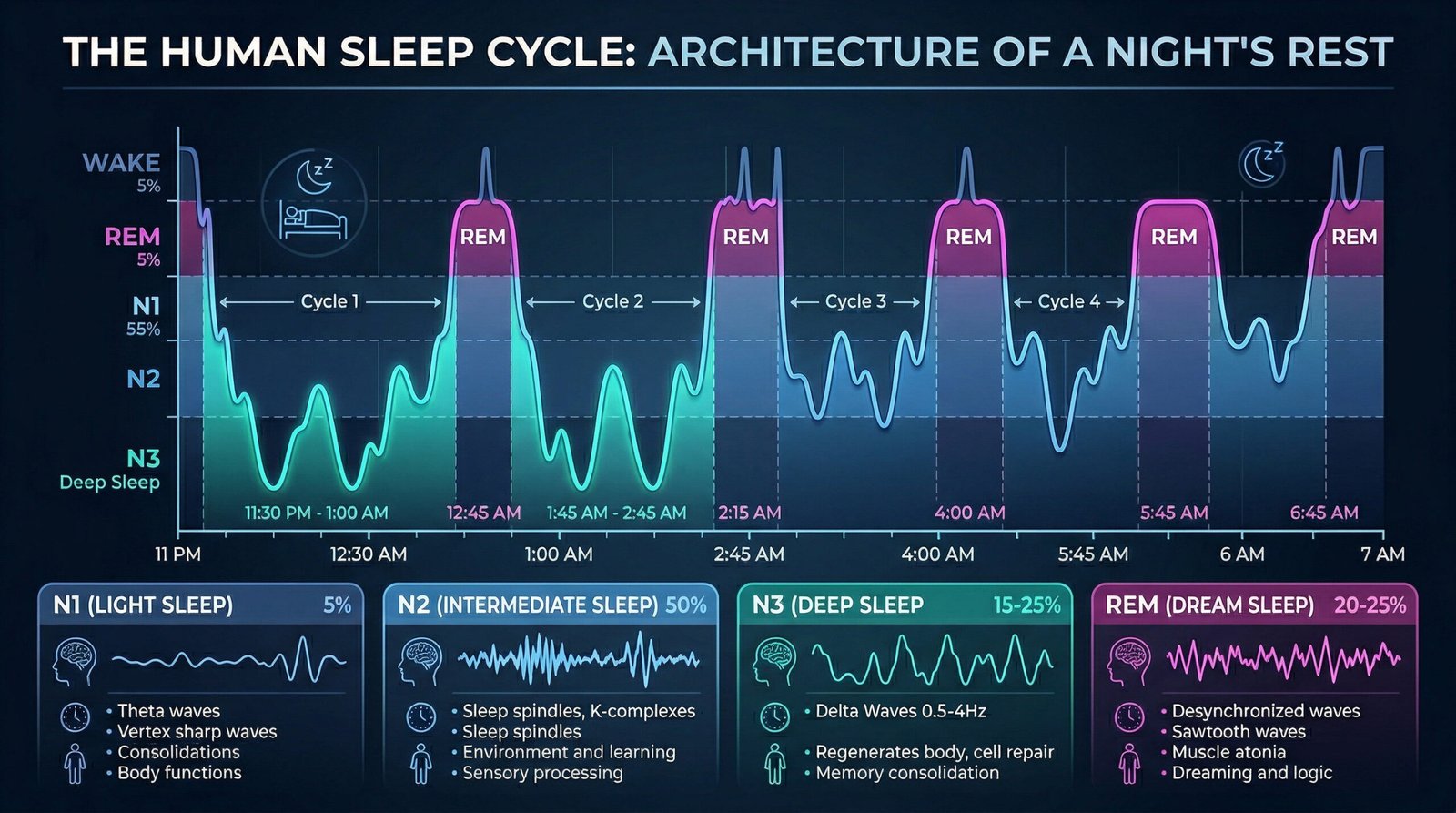 infographic showing sleep cycle stages N1 N2 N3 REM waves across a night with deep sleep NREM highlighted, teal diagram