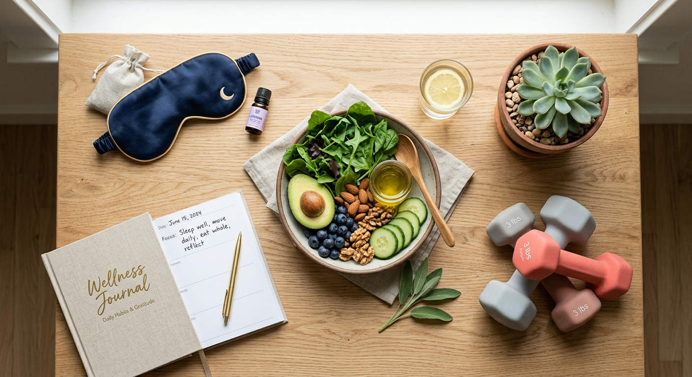 flat lay of five longevity habits: sleep mask, dumbbells, whole foods, journal, and a plant