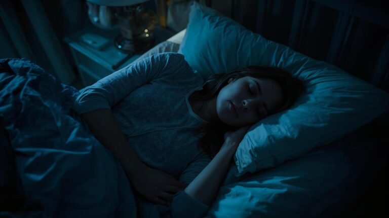 person sleeping restlessly gut discomfort nighttime bedroom dim light