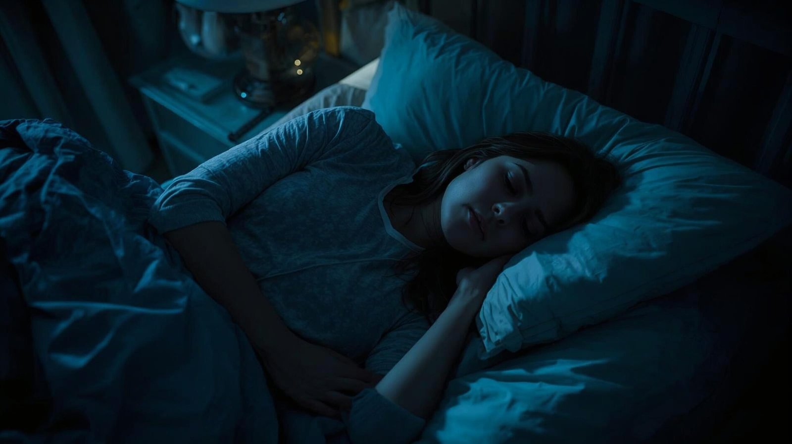 person sleeping restlessly gut discomfort nighttime bedroom dim light