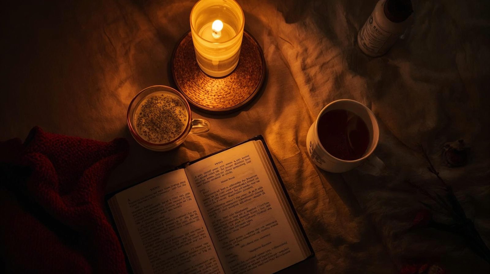 evening wind-down flat lay dim lamp book herbal tea no phone healthy sleep habits warm tones